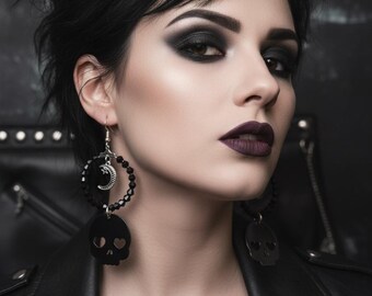 Skull Hoop Earrings: Macabre Silver Moon, Crystal Beads