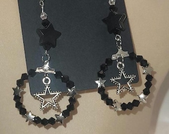 Black Crystal & Star Charm Dangle Earrings