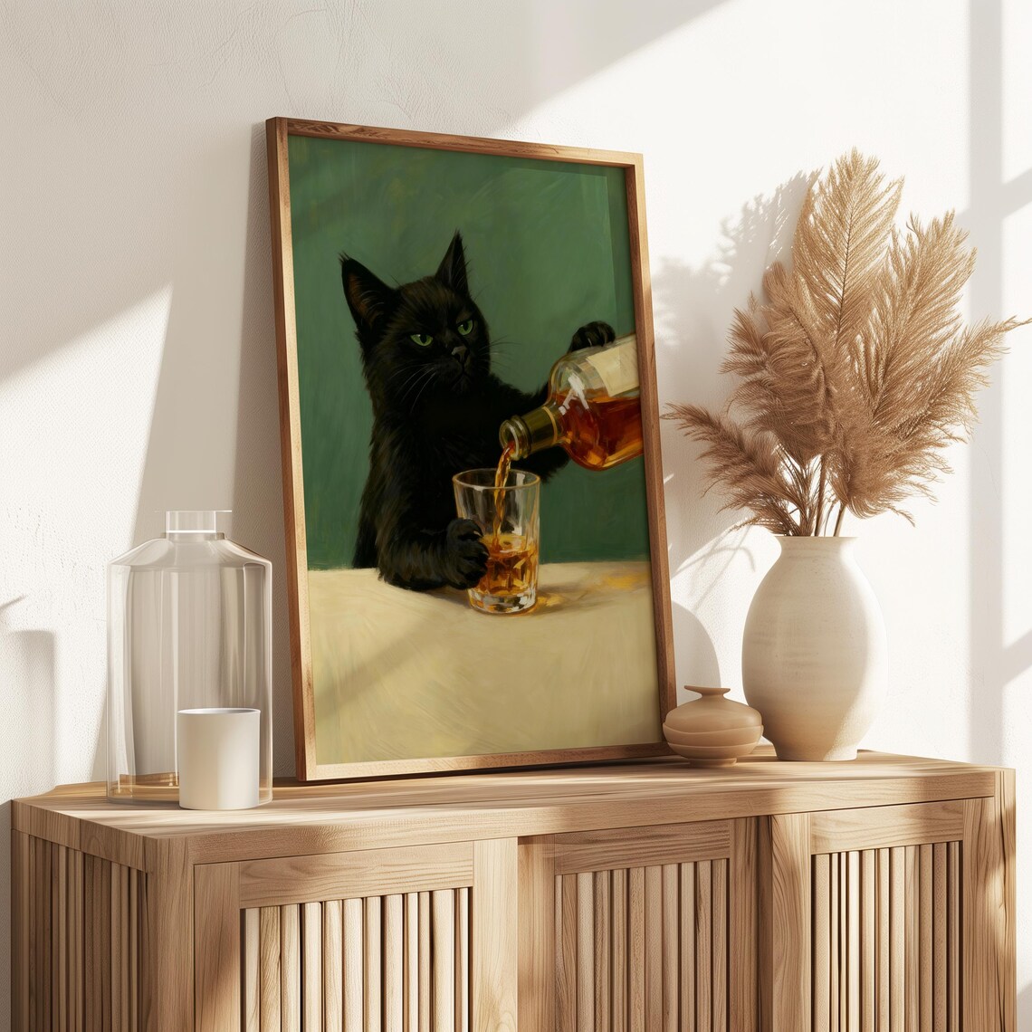 Moody Cat Drinking, Art Funny Cat , Retro Whimsical Print, Wall Decor ...