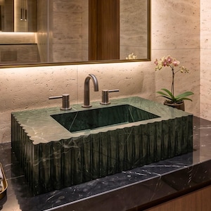 Verde Levanto Guatemala Marble Sink – Handmade Fluted Countertop Bathroom Basin