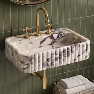 Calacatta Viola Marble Sink – Handmade Fluted Wall-Mounted or Countertop Basin