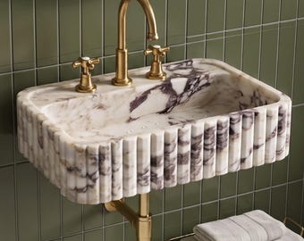 Calacatta Viola Marble Sink – Handmade Fluted Wall-Mounted or Countertop Basin