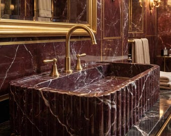 Lavabo de mármol rojo estriado hecho a mano: Lavabo de mármol cerezo Elazig, lavabo de baño de lujo