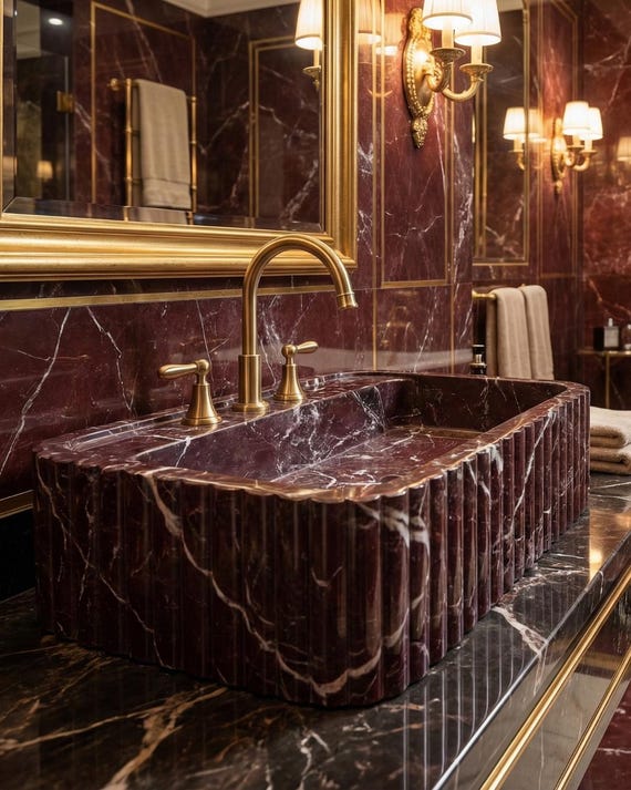 Handmade Fluted Red Marble Sink: Elazig Cherry Marble Vessel Sink, Luxury Bathroom Basin