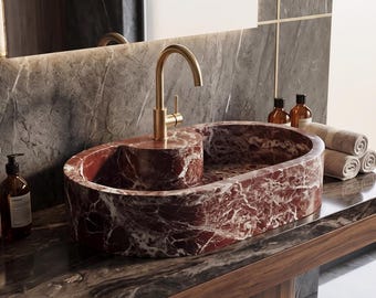Rosso Levanto Marble Sink – Handmade Countertop Basin Handmade Stone Vessel