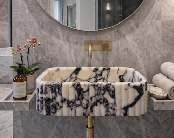 Calacatta Viola Marble Vessel Sink – Handmade Fluted Countertop Basin