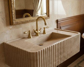 Fluted Travertine Sink with Concealed Drain – Handmade Wall-Mounted or Countertop Bathroom Basin