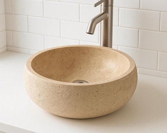 Travertine Light Stone Handmade Round Sink: Natural Beige Bathroom Vanity Luxury Travertine Wash Bowl