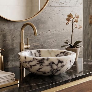 Calacatta Viola Marble Vessel Sink – Handmade Round Stone Countertop Basin
