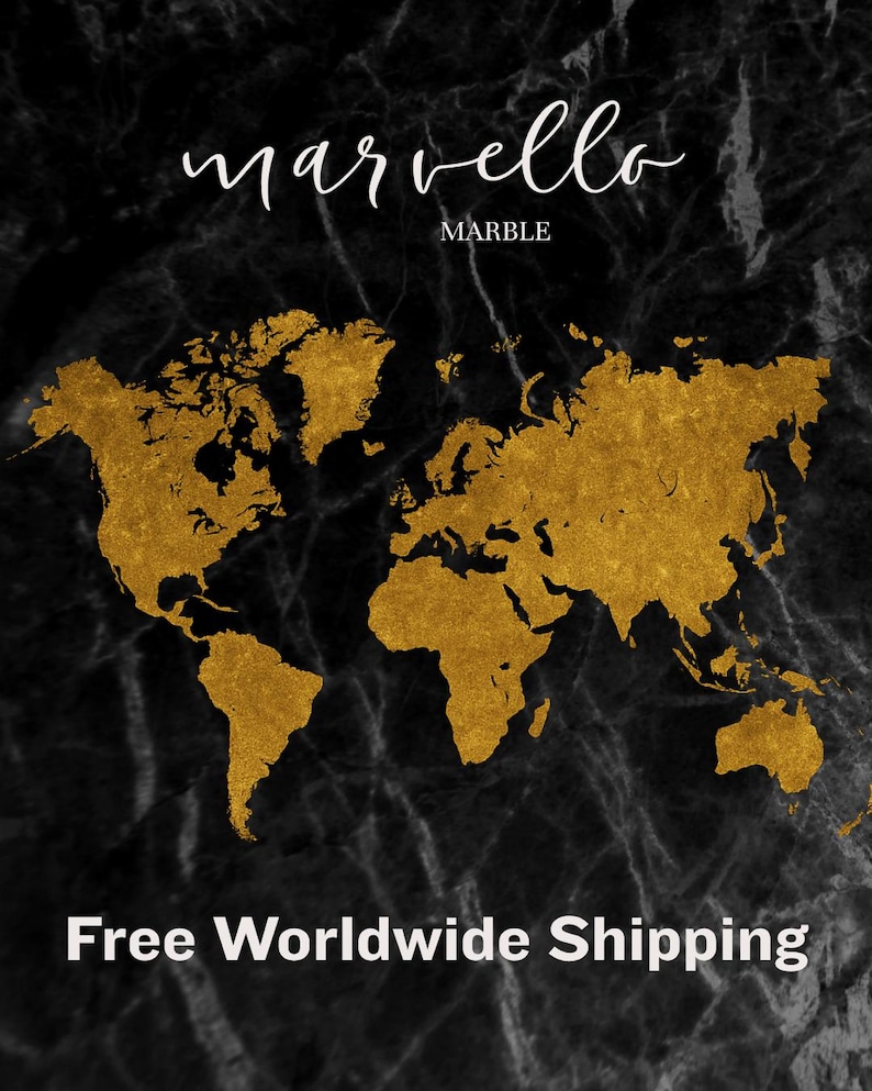 May include: A black marble background with a gold world map design. The text "Marvello Marble" is at the top, and "Free Worldwide Shipping" is at the bottom.
