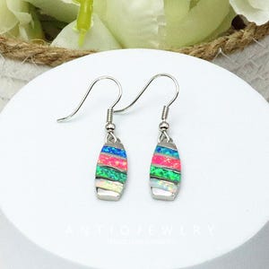 May include: A pair of silver-tone earrings with a colorful, striped design. Each earring features an oval-shaped pendant with horizontal bands of pink, blue, green, and white. The earrings have a hook closure.