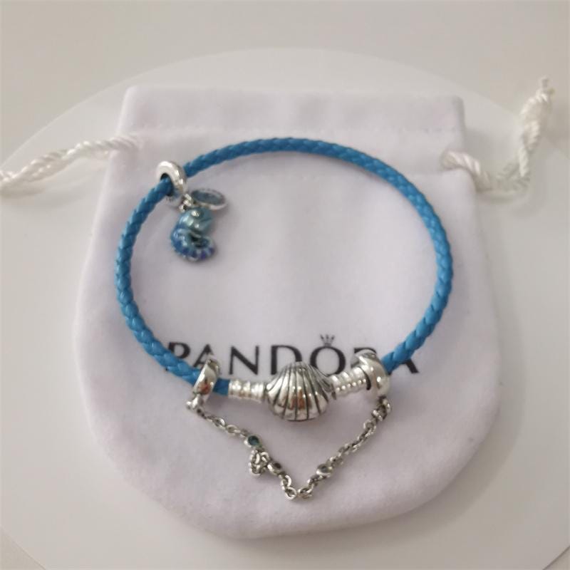 Pandora Moments Seashell Clasp Turquoise Braided Leather Bracelet
