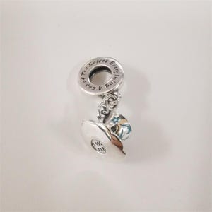Può includere: Un charm d'argento con un design a tazza e piattino. La tazza ha un motivo floreale con accenti blu e bianchi. Il charm ha il testo "A cup of tea solves everything."