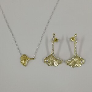 Pandora Gingko Leaf Two-Tone Pendant Necklace And Drop Earrings Set #45Cm