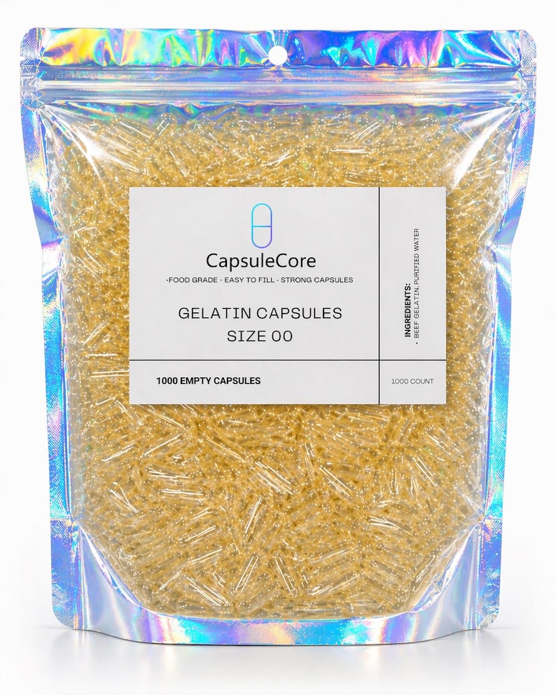 May include: A clear, iridescent pouch filled with numerous Size 00 gelatin capsules. The label reads "CapsuleCore" and lists "Food Grade - Easy to Fill - Strong Capsules." The bag contains 1000 empty capsules, with ingredients listed as beef gelatin and purified water.