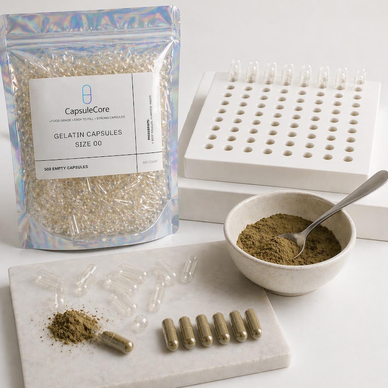 May include: A clear plastic bag filled with empty gelatin capsules, labeled "CapsuleCore GELATIN CAPSULES SIZE 00". A white capsule filling tray, a small bowl with a spoon, and filled capsules are also present. The image shows a set for making capsules.