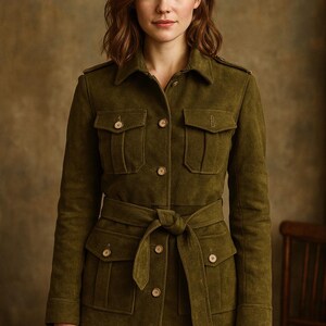 Puede incluir: Chaqueta verde oliva con cinturón en la cintura y múltiples bolsillos. La chaqueta tiene una parte delantera abotonada y un cuello. La chaqueta está hecha de un material suave similar al ante. La chaqueta es una opción de abrigo elegante. La modelo lleva la chaqueta.