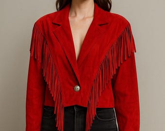 Chaqueta roja de ante con flecos / Abrigo bohemio vaquero del oeste para mujer