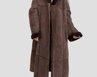 Luxury Women's Brown Suede Shearling Coat – Long Winter Trench Warm Fur Lined USA