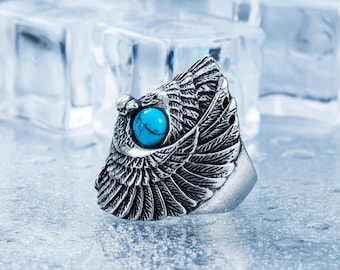 Vintage Edelstahl Adler Ring - Herrenring mit Türkis Inlay