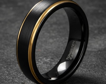 6 mm Schwarz gebürsteter Wolframkarbid-Ring, goldene Stufenkanten, Ehering für Männer
