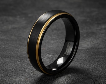 6 mm Schwarz Gold Hartmetall Ring Gebürstet Stufe Kante Ehering Herren Jahrestag Geschenk