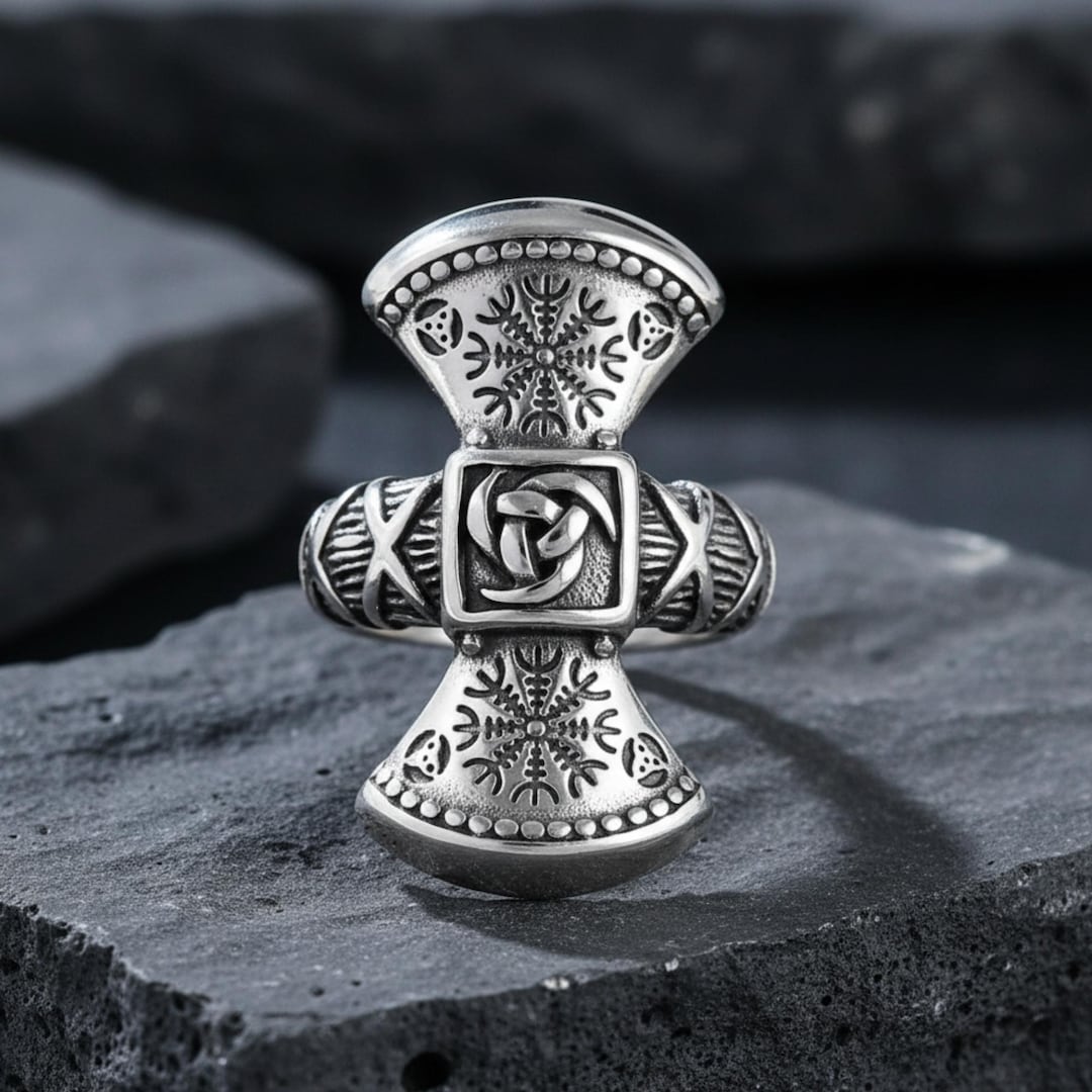 Viking Axe Ring, Stainless Steel Helm of Awe Rune, Celtic Knot Band - Etsy