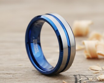 8 mm Hartmetall-Ring, Silber mit blauer Linie, Comfort Fit