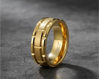 Gold Wolfram Ehering - 8 mm gebürsteter mechanischer Zahnrad Ring