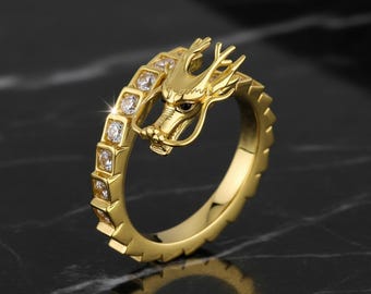 Vergoldeter Drachen Ring - Edelstahl Unisex Band mit Cubic Zirkonia