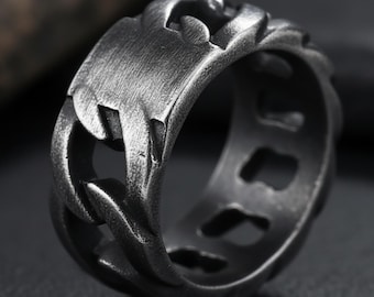 Vintage Edelstahl Kettenring, gebürstetes geometrisches Design