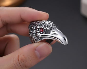 Herren Edelstahl Adlerkopf Ring • Roter CZ Biker Schmuck