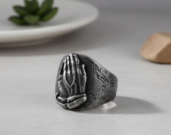 Vintage Betende Hände Edelstahl Ring für Männer