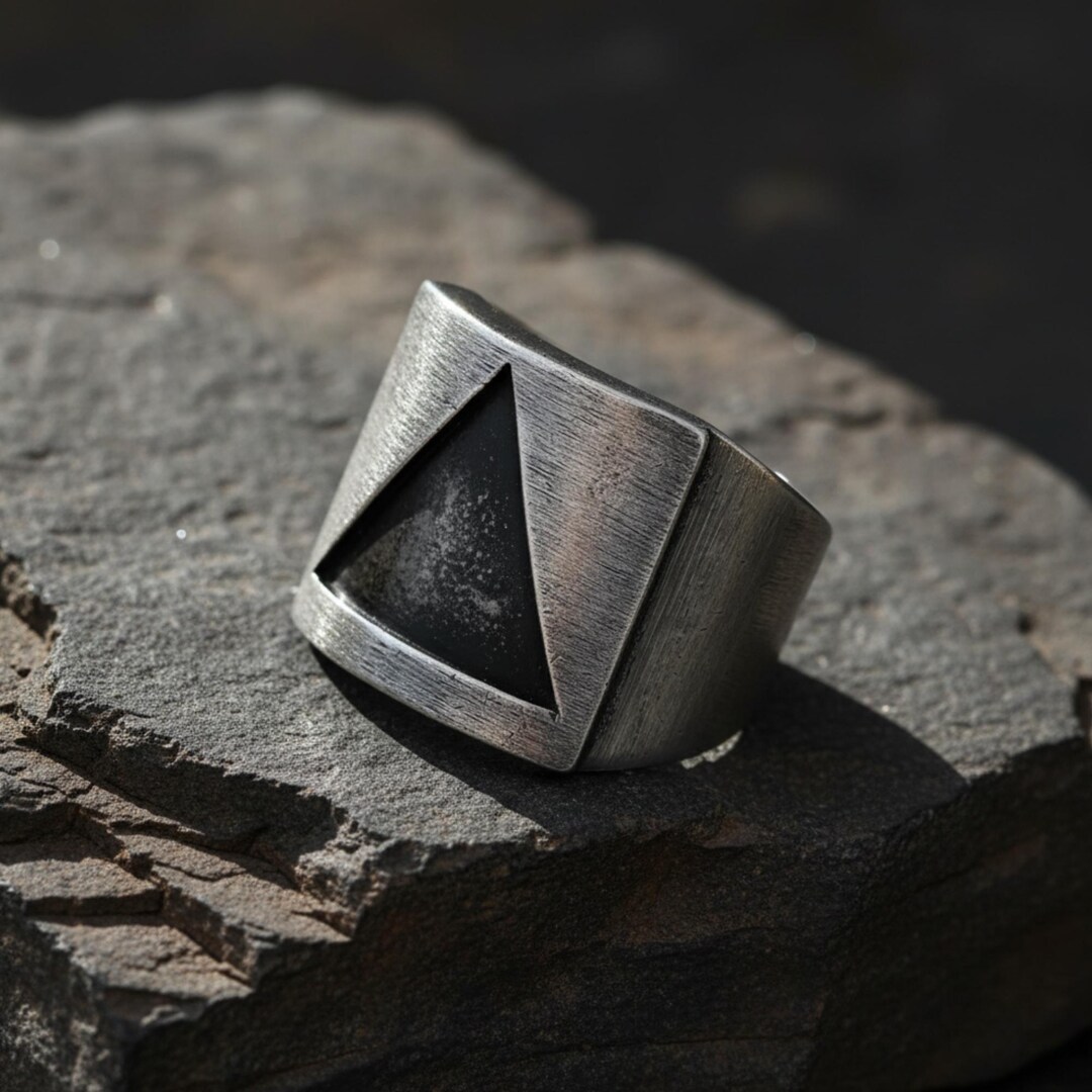 Triangle Men Rings Vintage Triangle Stainless Steel Ring - Brushed Titanium Finish Men's ...