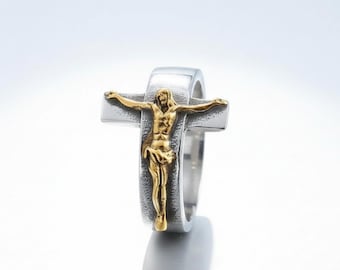 Vintage Kreuz Kruzifix Edelstahl Ring für Männer