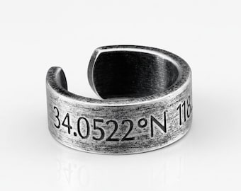 Engraved Coordinate Ring – Vintage Brushed Stainless Steel Adjustable Band