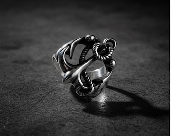 Herren Edelstahl Anker Ring - Vintage Nautische Seil Band