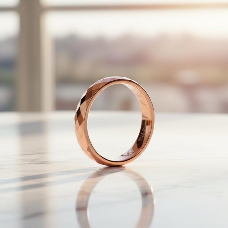 Peut inclure: Bague en or rose avec un design &agrave; facettes. La bague est en carbure de tungst&egrave;ne et est pr&eacute;sent&eacute;e sur une surface en marbre. Le motif g&eacute;om&eacute;trique de la bague capte la lumi&egrave;re, cr&eacute;ant un effet scintillant.