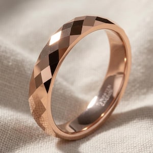 4mm Rose Gold Tungsten Carbide Ring, Faceted Wedding Band, Minimalist Geometric Engagement Ring