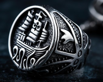 Wikinger Drakkar Schiff Ring, Kraken Tentakel Design - Edelstahl