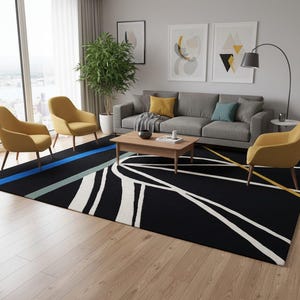 May include: A modern living room featuring a black area rug with white, blue, and yellow abstract lines. The room includes a gray sofa, yellow armchairs, a wooden coffee table, and framed artwork. A large window with a view is visible.