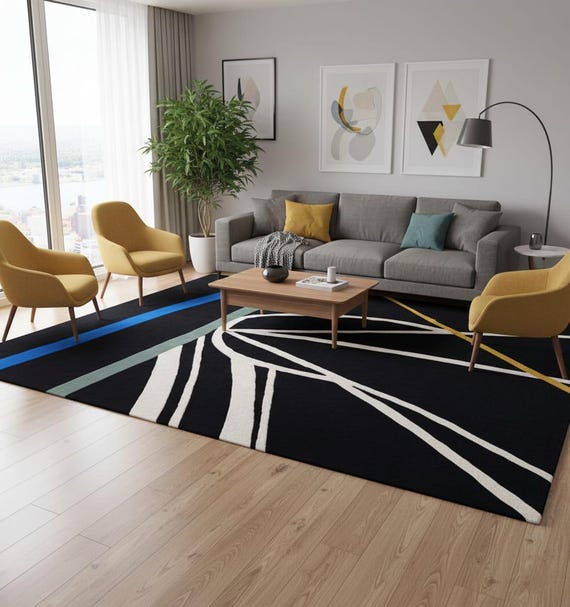 Modern Geometric Hand-Tufted Rug – Black, White, Blue & Mustard Accent