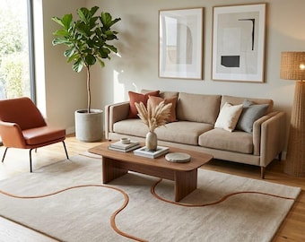 Hand Tufted Abstract Line Rug | Modern Minimalist Area Rug | Beige & Terracotta Wavy Design Rug | Scandinavian Contemporary Home Decor