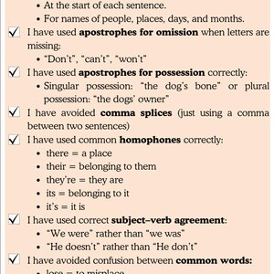 May include: An educational poster titled "Check your SPaG" on a light peach background. It lists rules for spelling, punctuation, and grammar, including capital letters, apostrophes, and homophones. Pen icons are in the top corners.