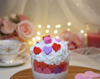 Delicate Sweet Rose Whipped Candle | Heart Layers Dessert Look Candle | Romantic Valentine's Gift | Handmade Soy Candle with Heart Wax Melts