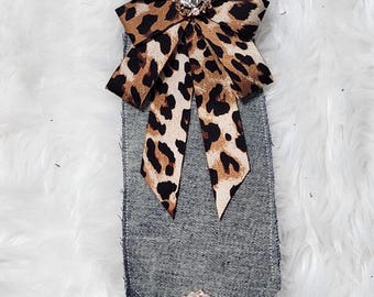 Custom Denim Bowtie Necklace: Leopard Print