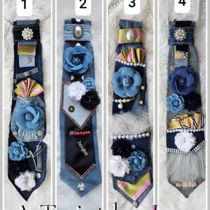 May include: Four denim neckties with unique embellishments. Each tie features fabric flowers, pearls, and decorative accents. One tie has the word "boujee" on it. The ties are displayed on a white, fluffy surface. The text "A Twist by Lee" is at the bottom.
