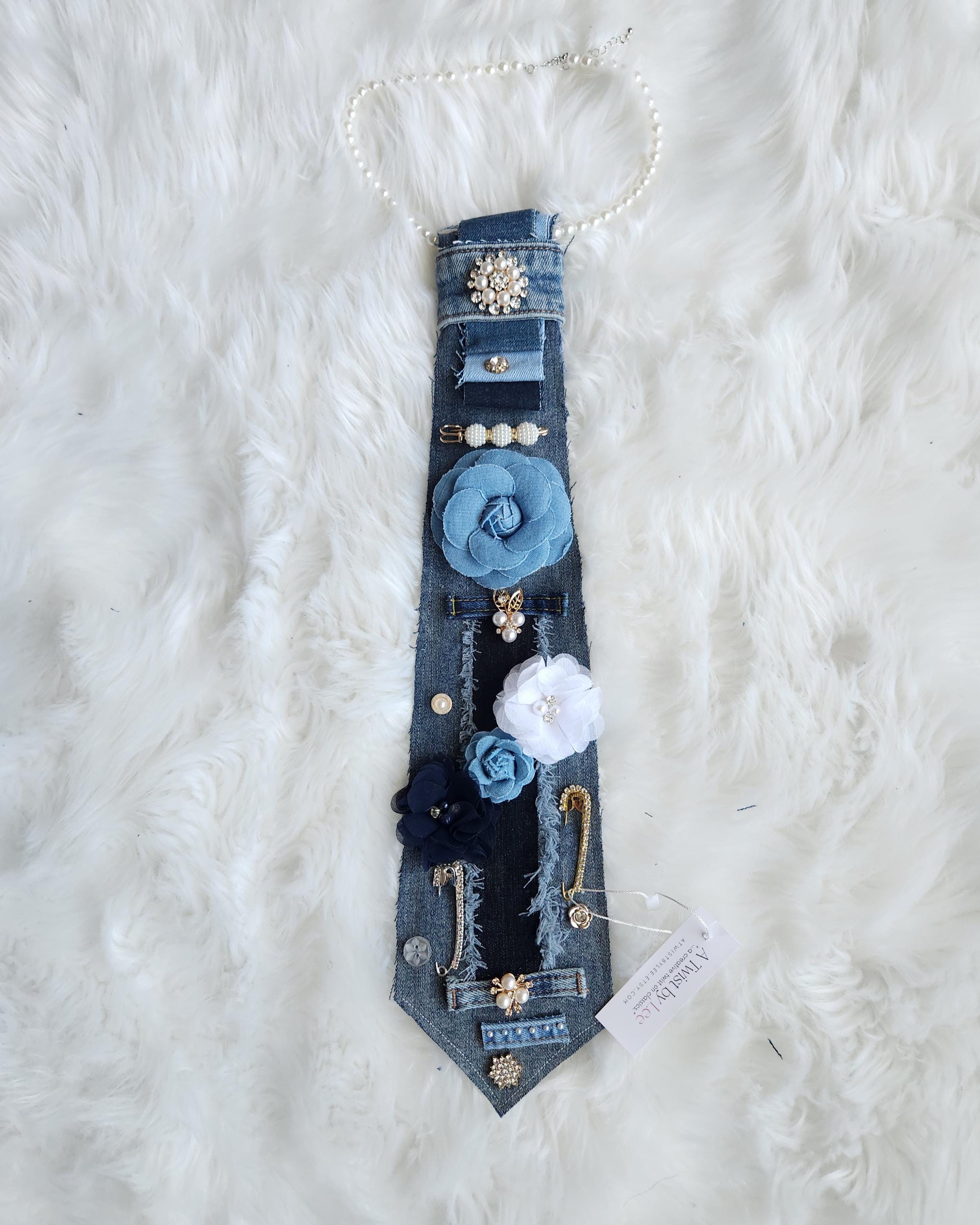 Pearl & Gold Accent Denim Junk Tie Full Glam Denim Junk Tie With Branding & Pearl Necklace  main image 2