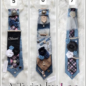 May include: Denim neckties with decorative embellishments, including pearls, floral accents, and brooches. Each tie features unique patterns and textures, with the text "Blessed" on one. The ties are displayed with a pearl necklace.