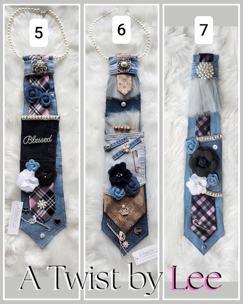 May include: Denim neckties with decorative embellishments, including pearls, floral accents, and brooches. Each tie features unique patterns and textures, with the text "Blessed" on one. The ties are displayed with a pearl necklace.
